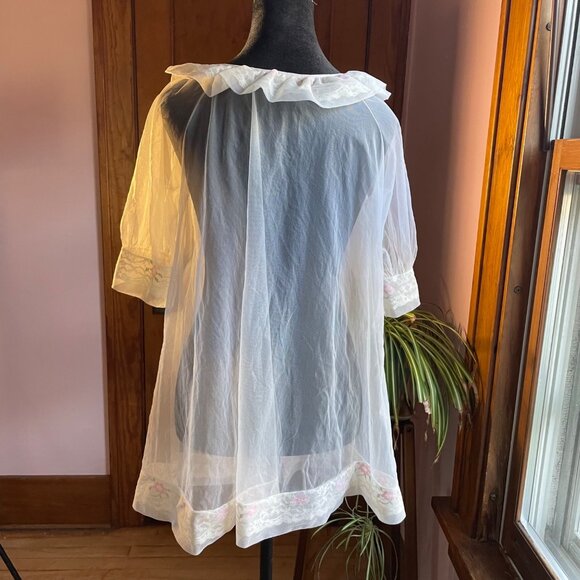 Vintage 60s Movie Star Bed Robe White Sheer Mesh Floral Lace Trim Sz M Coquette - Picture 4 of 8